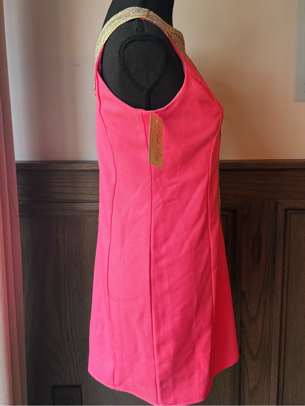 Pink Lily Hot Pink Mini Dress with Gold Beaded V-Neck medium NWT - Picture 5 of 9